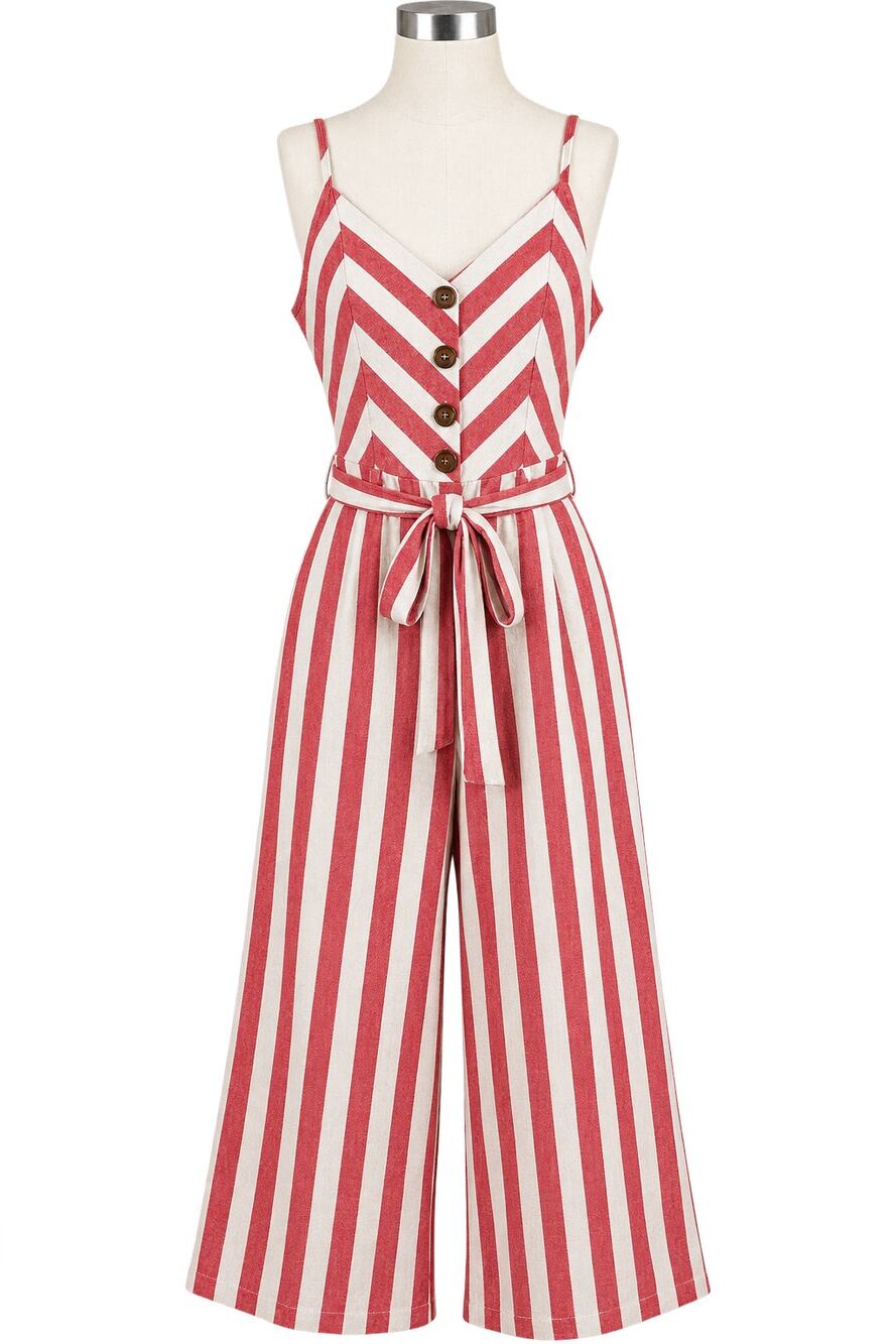 Kensie Red White Striped Wide Leg Cropped Belted Jumpsuit - Size S